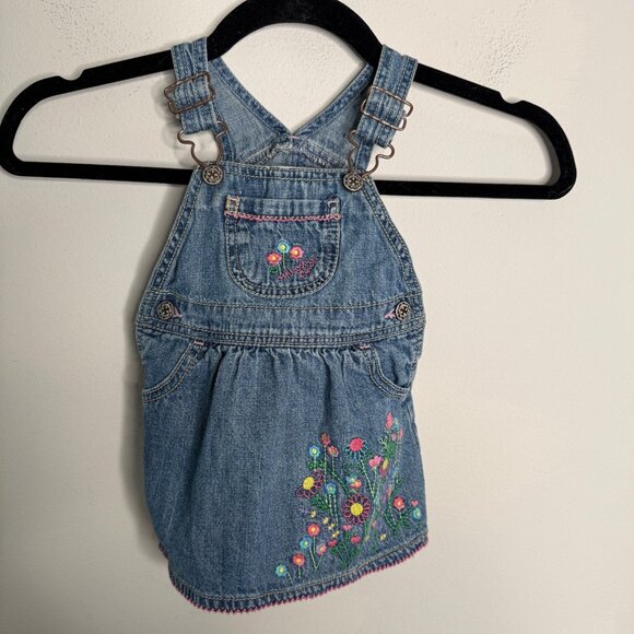 OshKosh B'Gosh Girls Blue Denim Floral Front Pocket Skirt Dress Overalls vintage - Picture 1 of 6